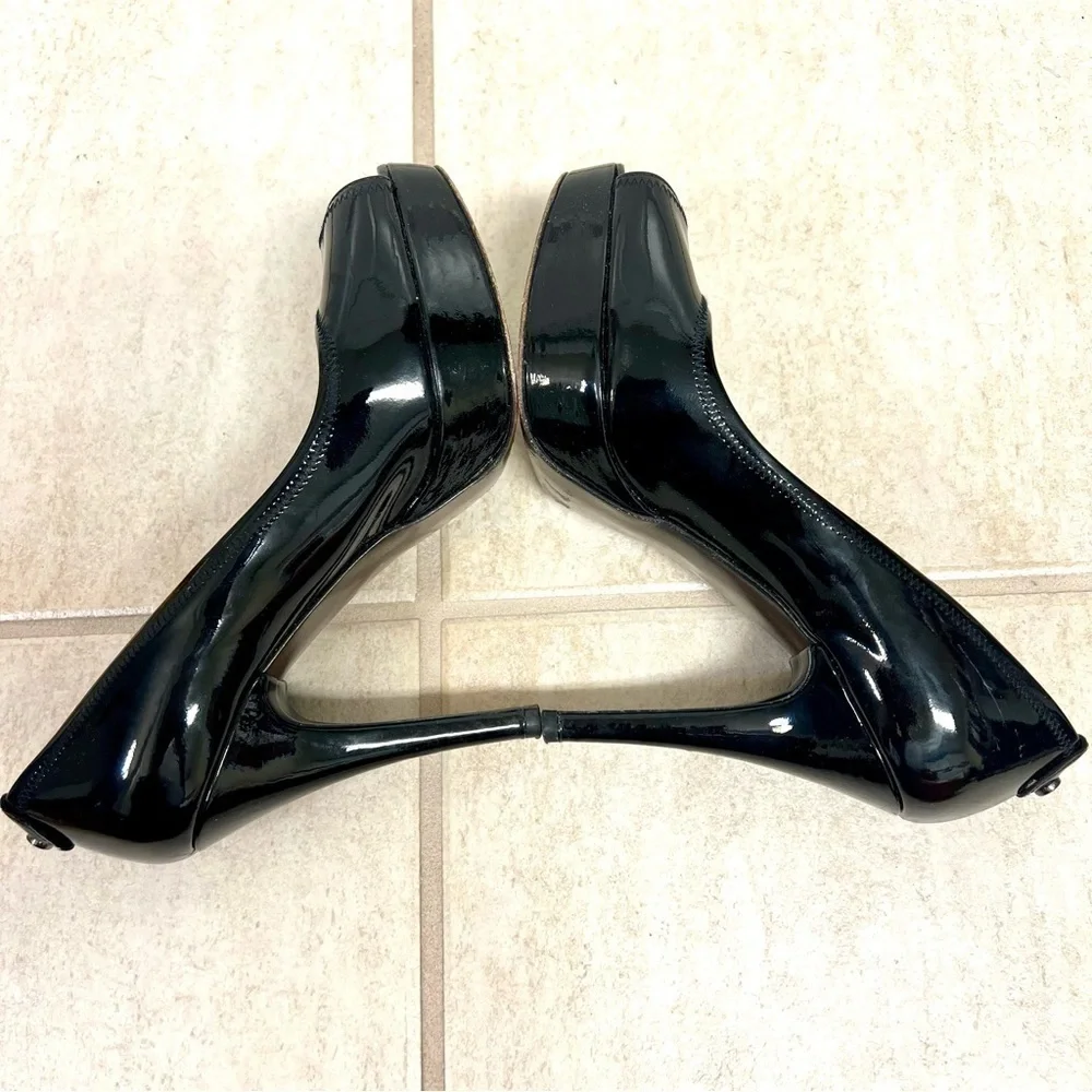 Stuart Weitzman Patent Leather Peep Toe Heels Women's Black Size 7M platform